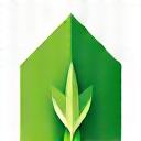 Green leaf symbol intertwined with a house.