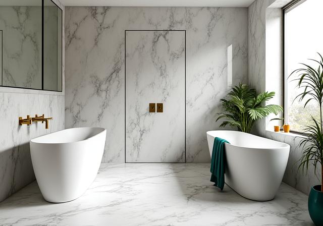 Luxurious marble bathroom after renovation.