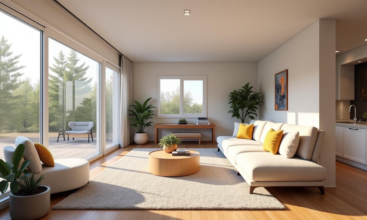 A beautifully renovated, modern living room with large windows and natural light.